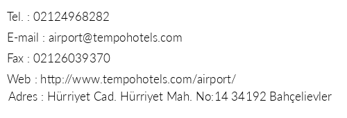 Tempo Suites Airport Hotel telefon numaralar, faks, e-mail, posta adresi ve iletiim bilgileri